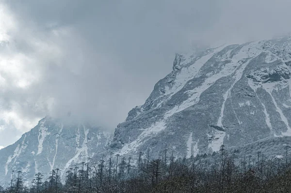 Winter Cloudy Foggy Mountain Landscape. Snow-covered mountain covered with floating rainy clouds.