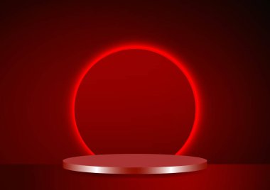 Kırmızı ışık çember şablonu üzerinde podyum sahne modeli ürün ve metin reklamları.