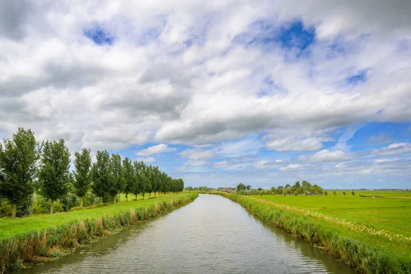 Typical Dutch River Landscape Green Meadows Canal Blue Sky Clouds — Stock Photo, Image