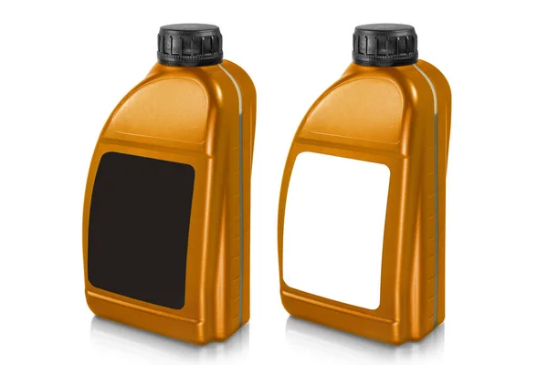白地に隔離されたプラスチック製のキャニスター ブラックラベルとブラックキャップを持つ2つの金のキャニスター ラベル ブランドとパッケージデザインのモックアップ サイドビュー — ストック写真