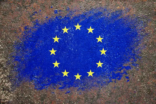 欧洲联盟的旗帜 国旗涂在生锈的表面上 生锈的背景创意背景 — 图库照片