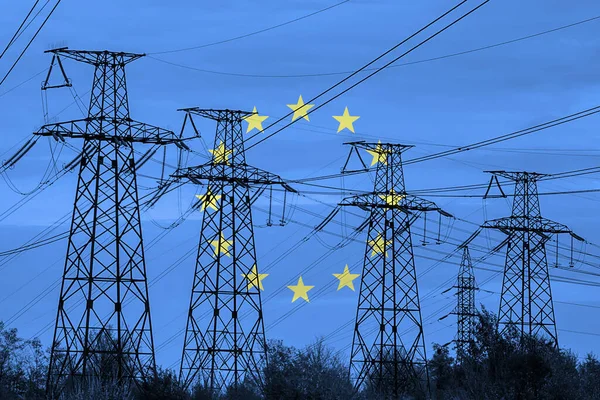 Avrupa Birliği 'nin enerji hattı ve bayrağı. Enerji krizi. Küresel enerji krizi kavramı. Elektrik tüketiminde artış