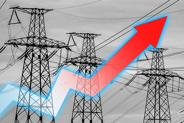 电力线路和图形箭头 能源危机 全球能源危机的概念 增加用电量 图表上的箭头向上移动 增加电费用 — 图库照片