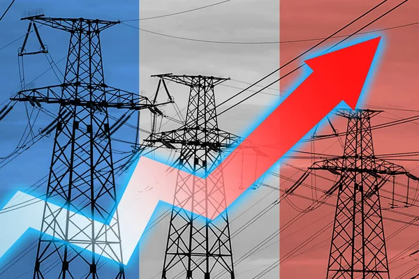 法国的电力线路和国旗能源危机 全球能源危机的概念 增加用电量 图表上的箭头向上移动 增加的电费 — 图库照片