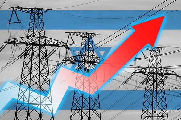 输电线和以色列国旗 能源危机 全球能源危机的概念 增加用电量 图表上的箭头向上移动 增加的电费 — 图库照片