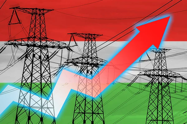 匈牙利的电力线路和国旗 能源危机 全球能源危机的概念 增加用电量 图表上的箭头向上移动 增加的电费 — 图库照片