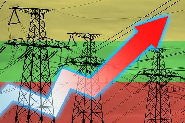 立陶宛的电力线路和国旗 能源危机 全球能源危机的概念 减少发电量 图形箭头下降 电力消耗量增加 — 图库照片