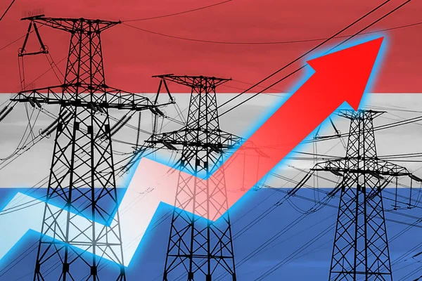 荷兰的电力线路和国旗 能源危机 全球能源危机的概念 增加用电量 图表上的箭头向上移动 增加的电费 — 图库照片