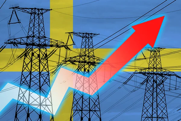电力线路和瑞典国旗 能源危机 全球能源危机的概念 增加用电量 图表上的箭头向上移动 增加的电费 — 图库照片