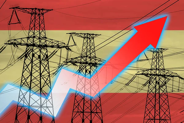 西班牙的电线和国旗 能源危机 全球能源危机的概念 增加用电量 图表上的箭头向上移动 增加的电费 — 图库照片