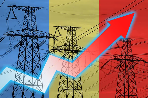 루마니아의 국기와 전선줄 에너지 에너지 위기의 했습니다 그래프의 화살표는 아래에 — 스톡 사진