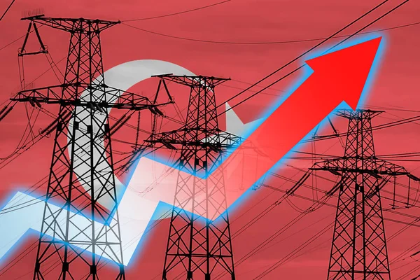 土耳其的电力线路和国旗 能源危机 全球能源危机的概念 增加用电量 图表上的箭头向上移动 增加的电费 — 图库照片