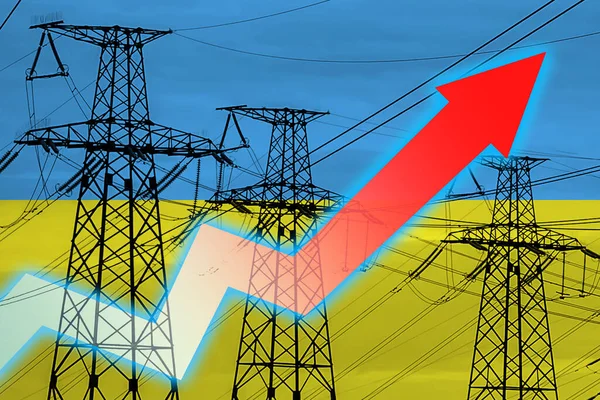 乌克兰的电力线路和国旗 能源危机 全球能源危机的概念 增加用电量 图表上的箭头向上移动 增加的电费 — 图库照片