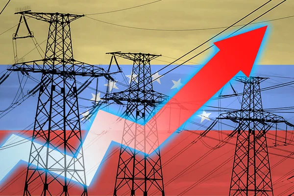 电力线路和委内瑞拉国旗 能源危机 全球能源危机的概念 增加用电量 图表上的箭头向上移动 增加的电费 — 图库照片