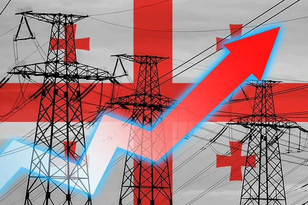 格鲁吉亚的电力线路和国旗 能源危机 全球能源危机的概念 增加用电量 图表上的箭头向上移动 增加的电费 — 图库照片