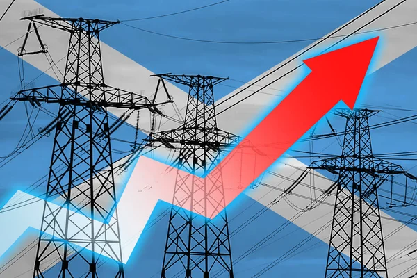 电力线路和苏格兰国旗 能源危机 全球能源危机的概念 增加用电量 图表上的箭头向上移动 增加的电费 — 图库照片