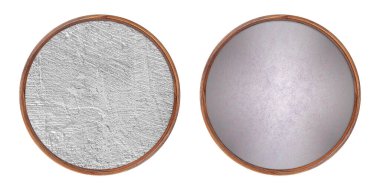 Ahşap çerçeve. Yaratıcı dokusu olan iki boş yuvarlak çerçeve beyaz arka plana izole edilmiş. Boş çerçeve. İmza mankeni. Eski çerçeve. Bildirim Kurulu