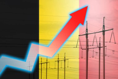 Belçika bayrağının arka planında elektrik hattı ve grafik var. Enerji krizi. Küresel enerji krizi kavramı. Elektrik tüketimini arttır. Çizelgedeki ok yukarı çıkıyor. Artan maliyet 