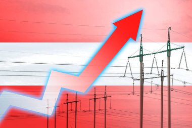 Avusturya bayrağının arka planında elektrik hattı ve grafik var. Enerji krizi. Küresel enerji krizi kavramı. Elektrik tüketimini arttır. Çizelgedeki ok yukarı çıkıyor. Artan maliyet 