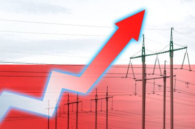 Polonya bayrağının arka planında elektrik hattı ve grafik var. Enerji krizi. Küresel enerji krizi kavramı. Elektrik tüketimini arttır. Çizelgedeki ok yukarı çıkıyor. Artan maliyet 