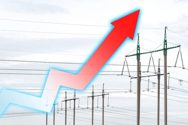能源危机 电力线路和图形箭头 全球能源危机的概念 增加用电量 图表上的箭头向上移动 增加费用 — 图库照片