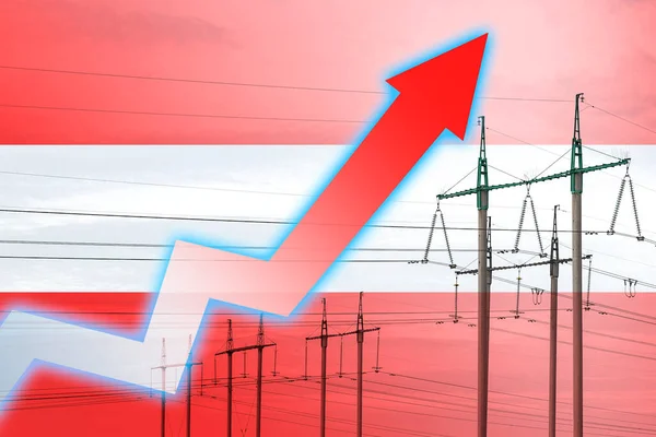 以奥地利国旗为背景的电力线路和图表 能源危机 全球能源危机的概念 增加用电量 图表上的箭头向上移动 增加的费用 — 图库照片
