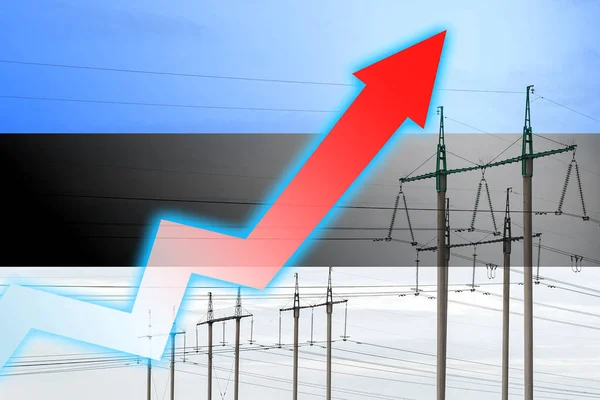 以爱沙尼亚国旗为背景的电力线路和图表 能源危机 全球能源危机的概念 增加用电量 图表上的箭头向上移动 增加的费用 — 图库照片