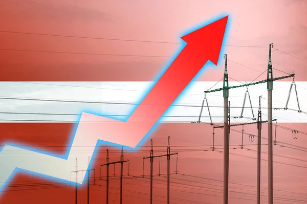 以拉脱维亚国旗为背景的电力线路和图表 能源危机 全球能源危机的概念 增加用电量 图表上的箭头向上移动 增加的费用 — 图库照片