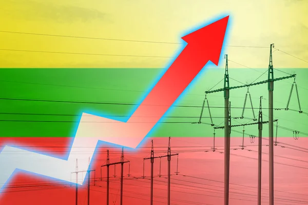 以立陶宛国旗为背景的电力线路和图表 能源危机 全球能源危机的概念 减少发电量 图形箭头下降 电力增加 — 图库照片