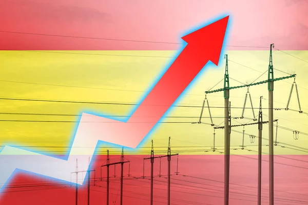 以西班牙国旗为背景的电力线路和图表 能源危机 全球能源危机的概念 增加用电量 图表上的箭头向上移动 增加的费用 — 图库照片