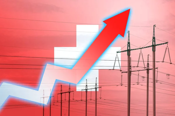 在瑞士国旗的背景上的电线和图表 能源危机 全球能源危机的概念 增加用电量 图表上的箭头向上移动 增加的费用 — 图库照片
