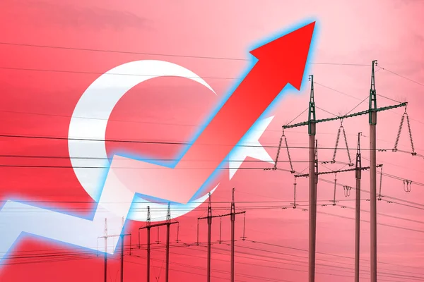 以土耳其国旗为背景的电力线路和图表 能源危机 全球能源危机的概念 增加用电量 图表上的箭头向上移动 增加的费用 — 图库照片