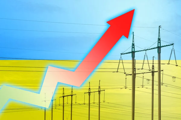 以乌克兰国旗为背景的电力线路和图表 能源危机 全球能源危机的概念 增加用电量 图表上的箭头向上移动 增加的费用 — 图库照片