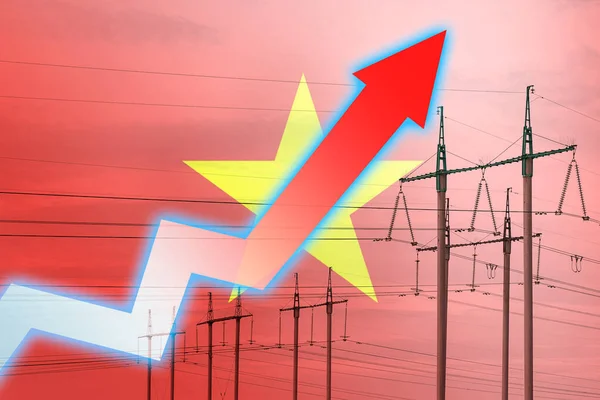 以越南国旗为背景的电力线路和图表 能源危机 全球能源危机的概念 增加用电量 图表上的箭头向上移动 增加的费用 — 图库照片
