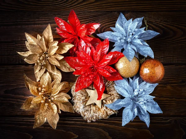 Decorações Natal Top Vista Decorações Ano Novo Fundo Madeira Escura — Fotografia de Stock