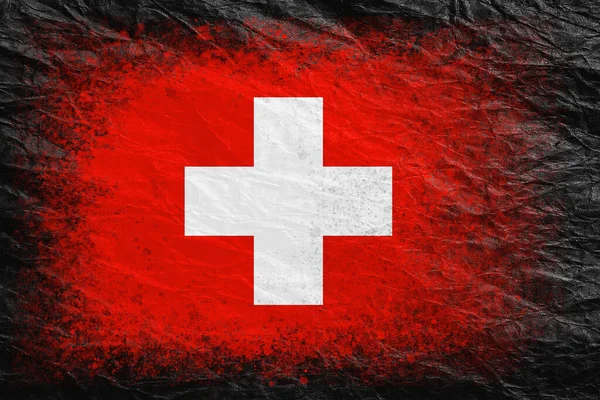 Svájc Zászlója Zászló Fekete Gyűrött Papírra Van Festve Papír Háttér — Stock Fotó