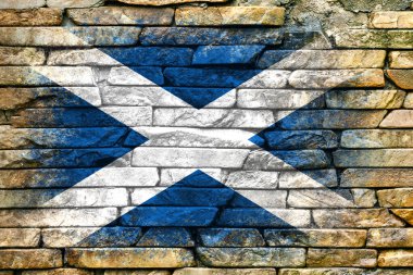 İskoçya bayrağı. Bayrak taştan bir duvara boyanmış. Taş zemin. Yapılandırılmış yaratıcı arkaplan