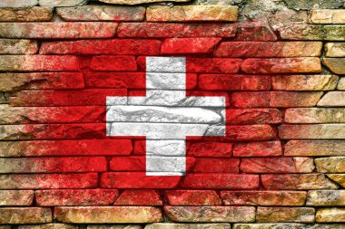 İsviçre bayrağı. Bayrak taştan bir duvara boyanmış. Taş zemin. Yapılandırılmış yaratıcı arkaplan