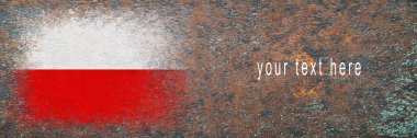 Polonya bayrağı. Paslı yüzeyde bayrak resmi. Paslı arka plan. Uzayı kopyala Yapılandırılmış yaratıcı arkaplan