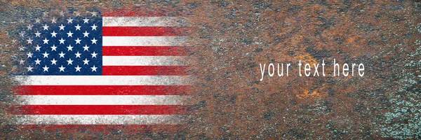 Flag of USA. American flag painted on rusty surface. Rusty background. Space for text. Textured creative background