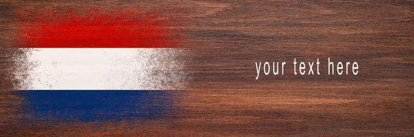Флаг Нидерландов Флаг Покрашен Деревянной Поверхности Деревянный Фон Поверхность Фанеры — стоковое фото