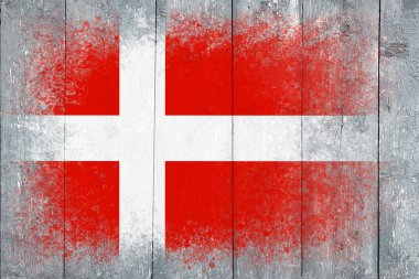 Danimarka bayrağı. Bayrak gri tahta bir yüzeye boyanmıştır. Ahşap arka plan. Hollywood yüzeyi. Uzayı kopyala Yapılandırılmış yaratıcı arkaplan