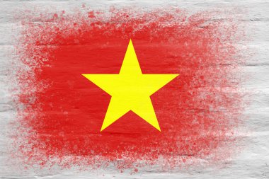 Vietnam bayrağı. Beyaz alçılı tuğla bir duvarda bayrak resmi. Tuğla. Uzayı kopyala Yapılandırılmış yaratıcı arkaplan