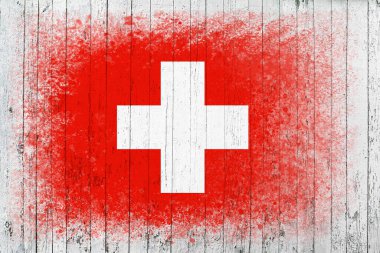 İsviçre bayrağı. Bayrak beyaz ahşap bir yüzeye boyanmıştır. Ahşap arka plan. Hollywood yüzeyi. Uzayı kopyala Yapılandırılmış yaratıcı arkaplan
