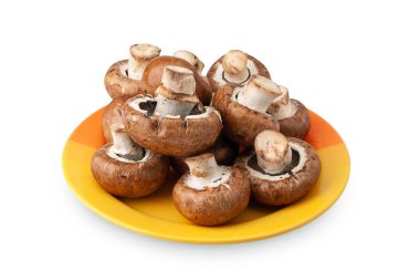 Beyaz mantarlar. Üst manzara mantarları beyaz arkaplanda izole edilmiş sarı tabakta