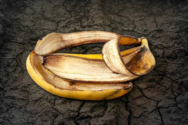 Banana peel. Close-up of an overripe banana peel on a dark textural background. Food waste