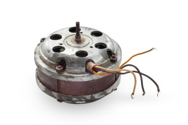 Electric motor. Old electric motor isolated on white background. Old electrical equipment close-up. Hardware details