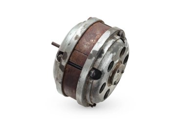 Electric motor. Old electric motor isolated on white background. Close-up of old electrical equipment. Hardware details