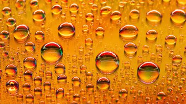 Su damlaları. Soyut turuncu arka plan. Renkli makro doku birçok damla. Gökkuşağı ıslak gradyan. Ağır desenli görüntü. Yüzeyin derinliği. Seçici yumuşak odak