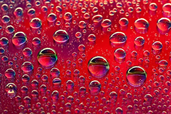 Wassertropfen Abstrakter Hintergrund Rote Makrotextur Viele Tropfen Regenbogen Nassgefälle Schwer — Stockfoto